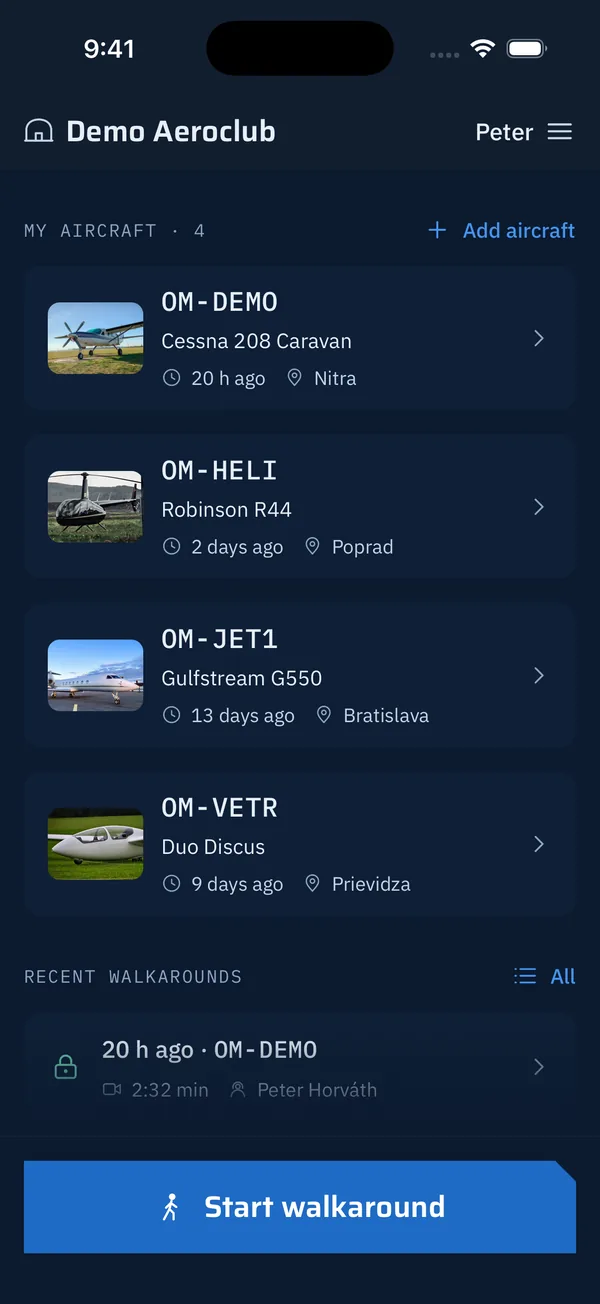 Home screen with the club's aircraft and the recent walkarounds