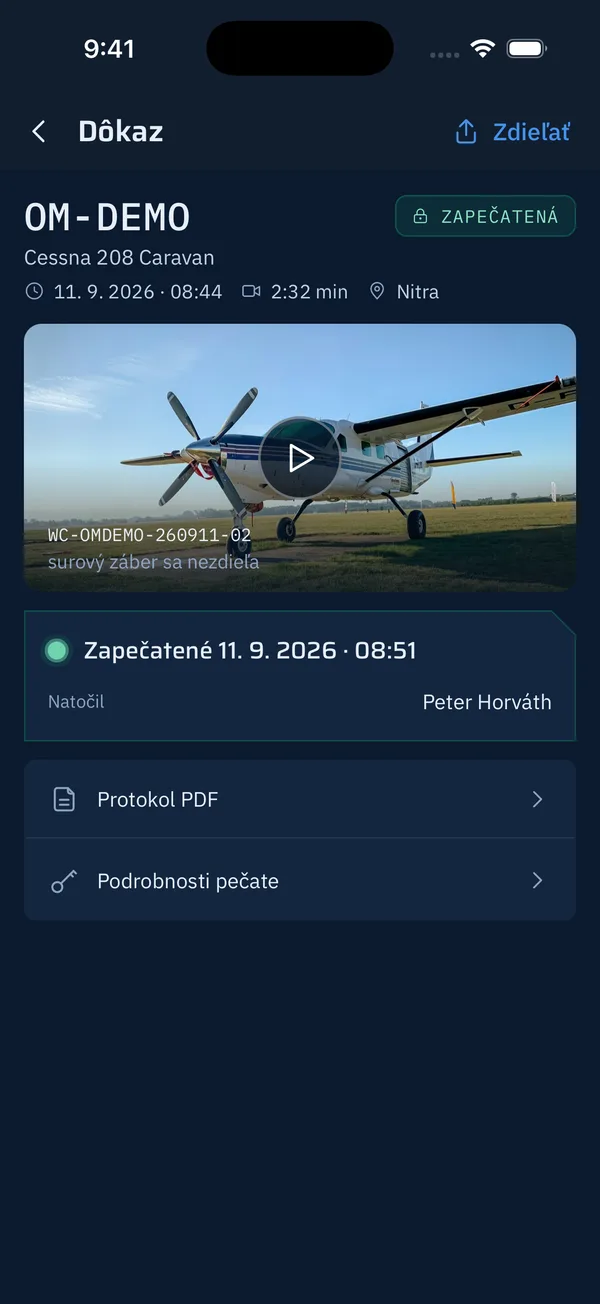 Obrazovka Dôkaz v aplikácii: zapečatený záznam s odtlačkom videa a protokolom v PDF