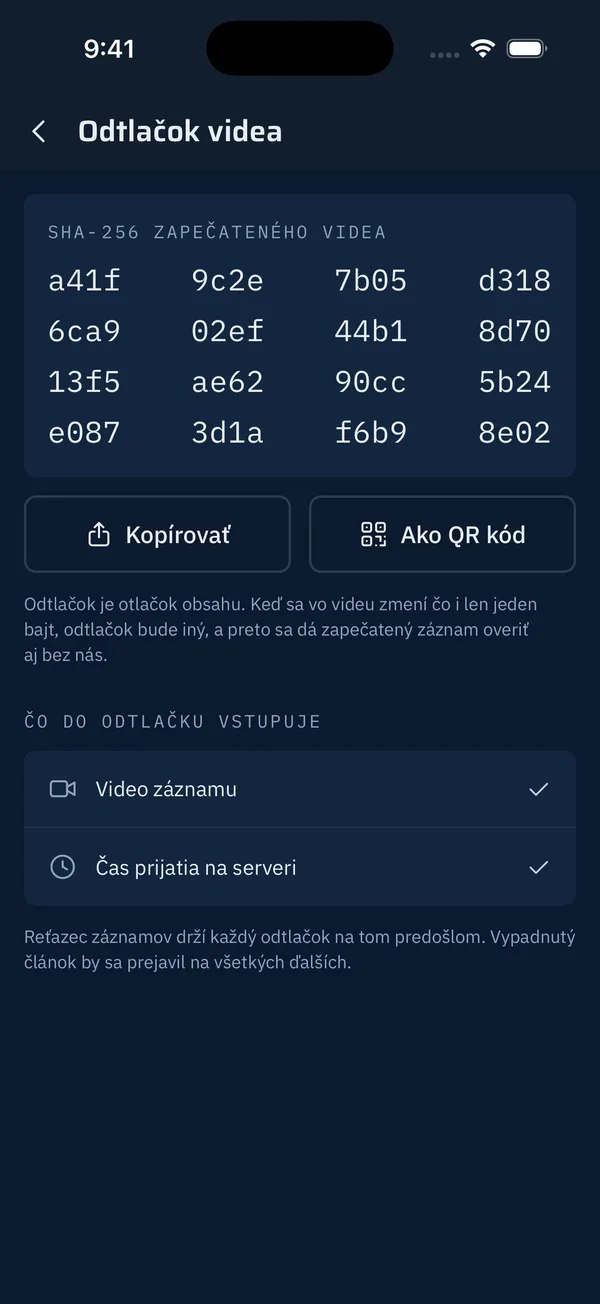 Odtlačok videa: SHA-256 zapečateného videa, ktorý si overí ktokoľvek