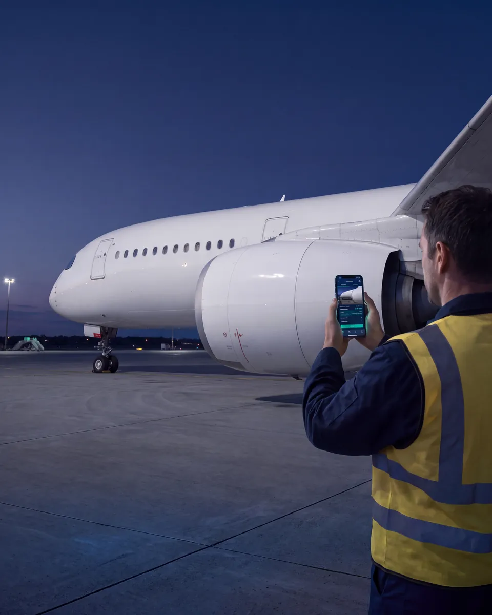 A ramp agent records the walkaround of an airliner with a phone