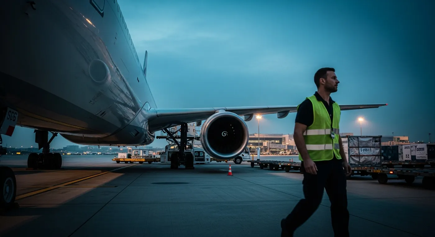 Ground crew member walking beside an aircraft on the apron during a turnaround at dusk.