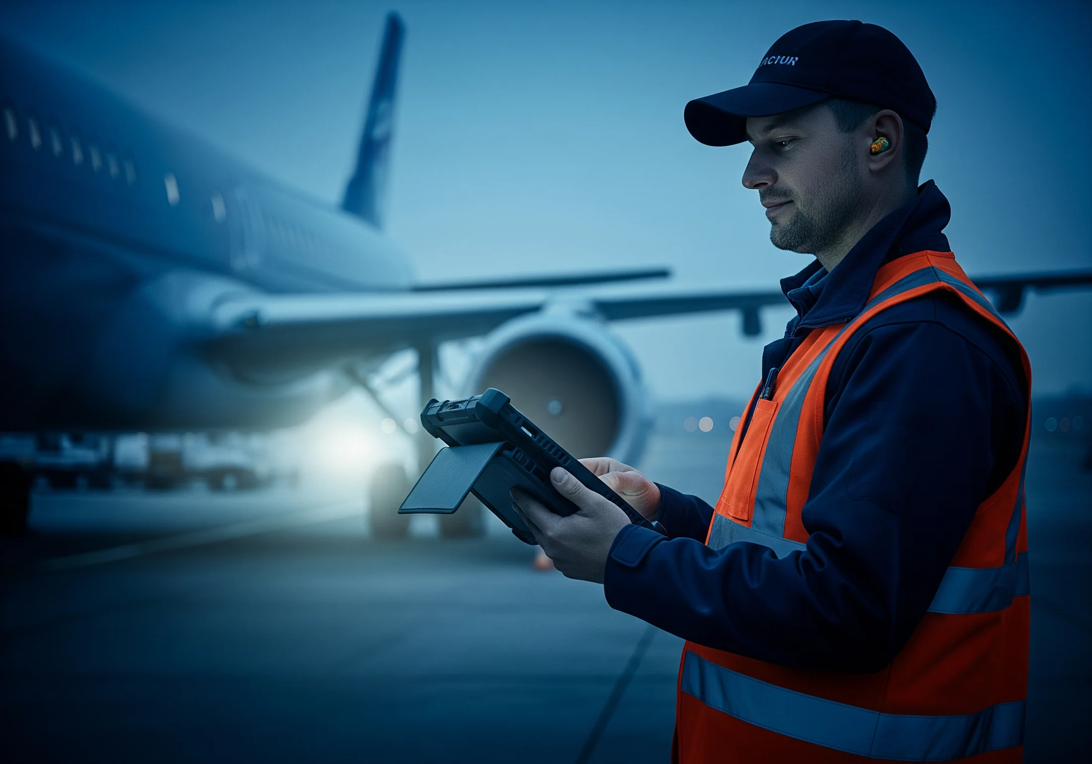 A ground operations worker using a rugged tablet on the apron beside an aircraft at dusk.