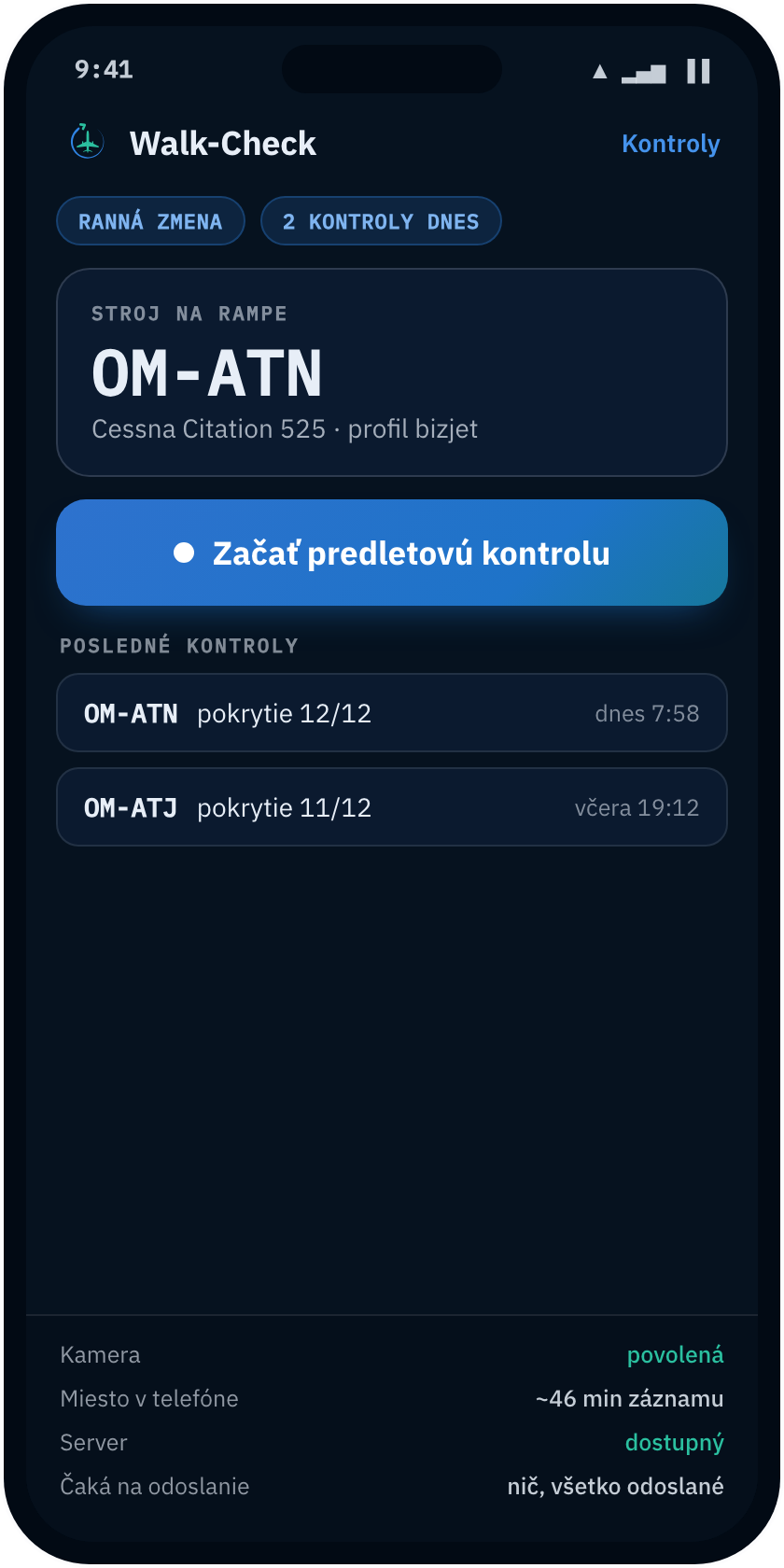Walk-Check app home screen for an operator
