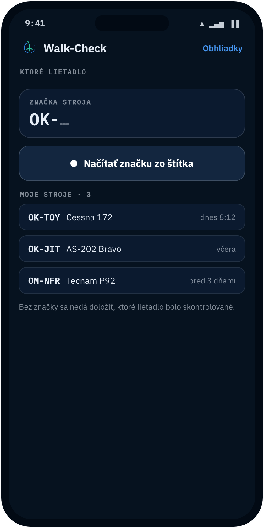 Aircraft selection screen in the Walk-Check app