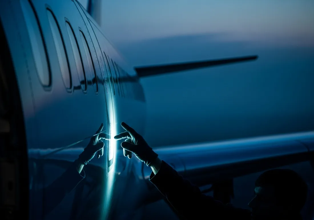 Technician inspecting an aircraft fuselage panel during a pre-departure walkaround at dusk.